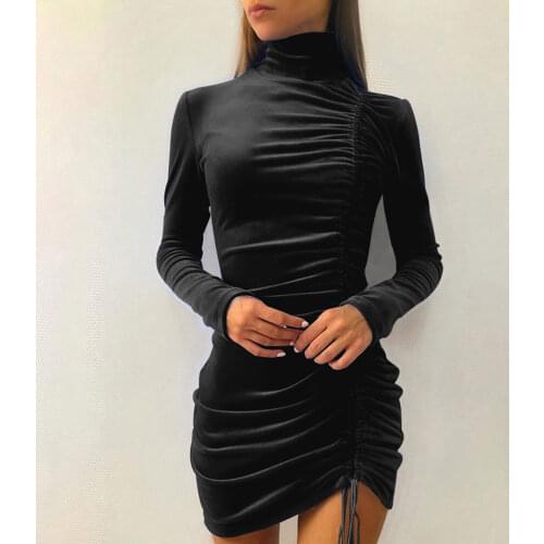 Spring Autumn Winter Woman Casual Bodycon Dress Draw String Turtle Neck Package Hip Clothes Long Sleeve Office Dady Mini Dresses