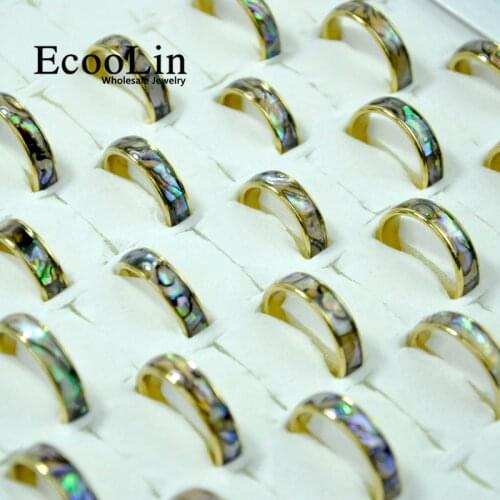 10Pcs EcooLin Brand Fashion Natural Shellfish Abalone Shell Stainless Steel Rings For Women Jewelry Lots Bulk LR4028