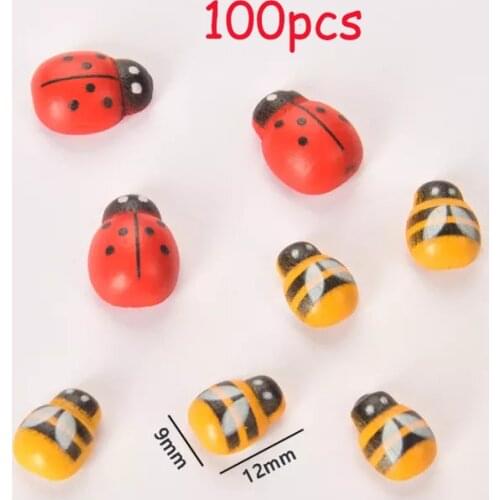100Pcs DIY Ladybug Ornaments Decoration Wooden Bee Ornament Self-adhesive Craft Fairy Garden Bonsai Decor Refrigerator Magnets