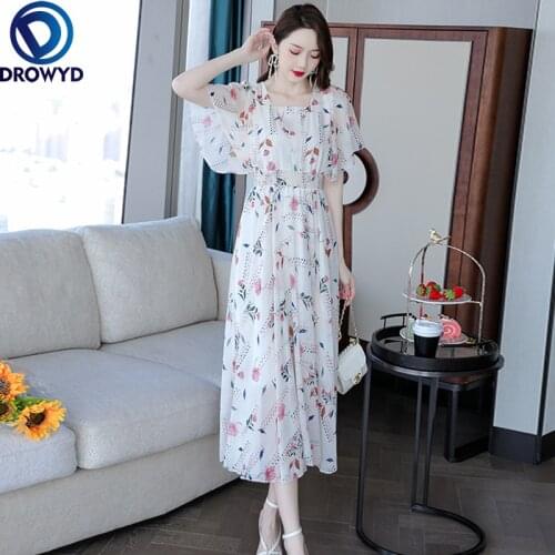 2021 New Flower Printed White Summer Dress Women Square Neck Short Sleeve Floral Print Long Chiffon Dresses M-3XL Party Vestidos