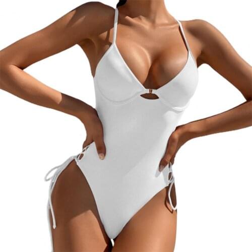 60%HOT Women Swimsuit Solid Color One Piece Beachwear Padded Underwire Drawstring Swimwear for Swimming