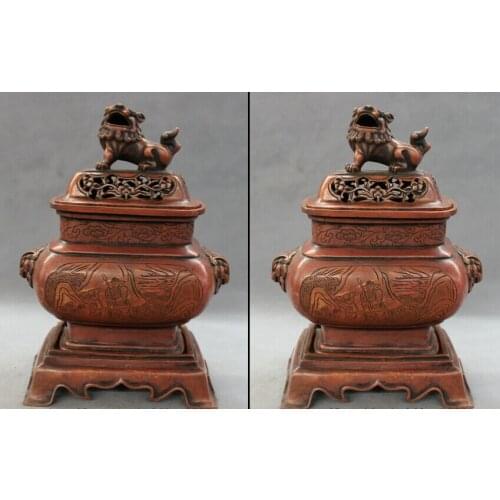 Bi001730 10" Chinese Red Bronze Buddhism Lion Head Statue Bless Incense Burner Censer