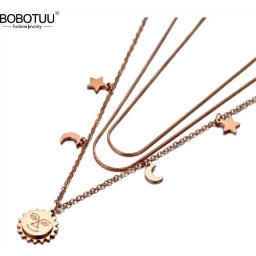 BOBOTUU Bohemia Stainless Steel Three-layer Sun Star Moon Choker Necklaces Pendant Chain & Link Necklace For Women Girl BN20016
