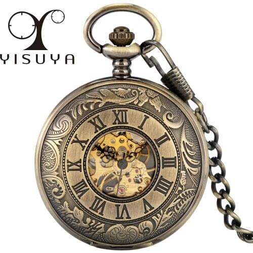 Mechanical Hand Winding Pocket Watch Engraving Roman Numerals Display Double Hunter Pendant Pocket Clock Antique Watch Gift