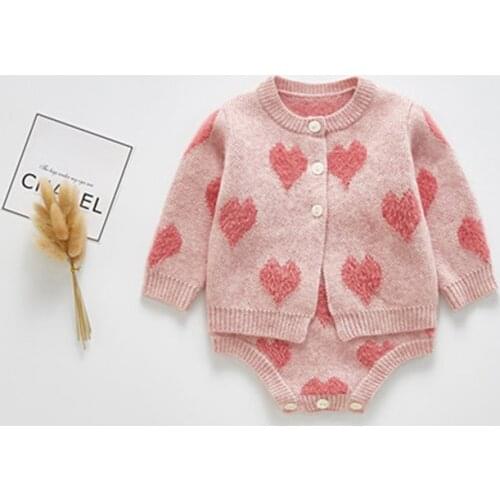 0-24M infant baby clothing fall thick knitted suspender jumpsuit toddler girls overalls full terry heart embroidery cardigans