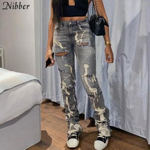 Nibber Lrregular Holes Printed Jeans Ladies Casual Daily Straight-leg Pants Elastic Mid-waist Fashion High Street Cool Jeans