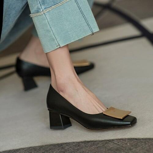 GUIDIBASICWomen Shoes Medium Heel Square Head Genuine Leather Pumps Womens Loafers Fashion Thick Heel D37-JH03253