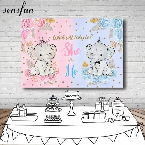 Elephant What Will Baby Be She Or He Gender Gender Reveal Backdrop For Photography Pink Blue Flowers Glitter Dots Backgrounds