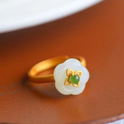Natural Hetian white jade flower adjustable ring Chinese style retro small and exquisite charm womens brand silver jewelry