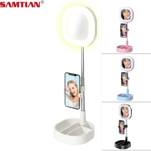 SAMTIAN Ring Light Wiht Makeup Mirror Storage Box Phone Holder Clip Dimmable Fill Light Ring Lamp Portable Selfie Ring Light