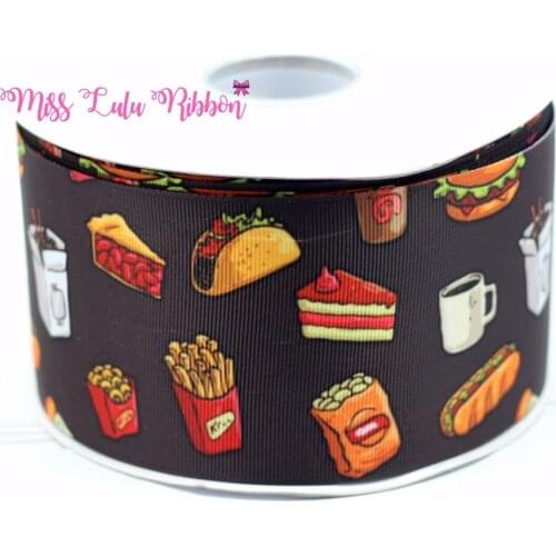 3" 75mm Junk Food Printed Grosgrain Ribbon 38mm Hamburg Elastic Ribbon DIY Handmade Hair Bows Party Decoration 50 yards