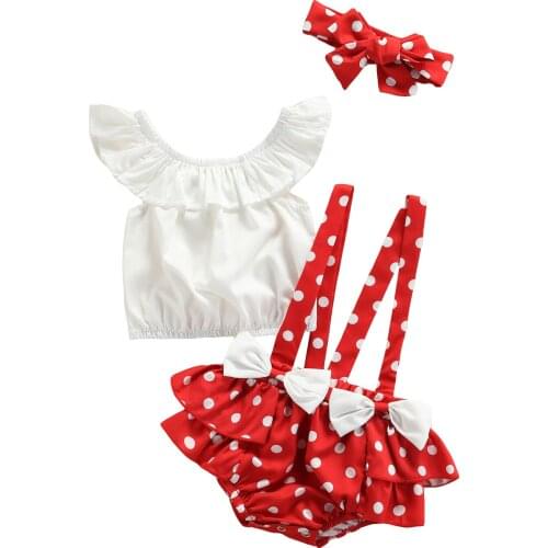 3Pcs Baby Girls Summer Outfits Ruffle Tops + Polka Dots Suspender Shorts + Headband Set