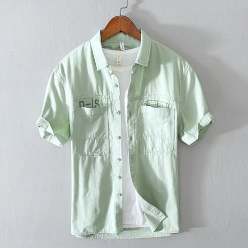 L9809 Summer Men Casual Shirts Letter Printing Short Sleeve Pocket Slim Fit Student Youth Streetwear Lapel Single Breasted Tops