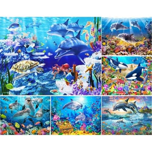 5D DIY Diamond Painting Animal Dolphins Cross Stitch Kit Full Drill Square Embroidery Mosaic Picture of Rhinestones Decor Gift