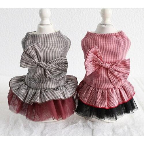 Cheap On Sale Pet Dress For Dog Little Small Bow Grid Lace Warm Puppies Animal Cat Tutu Party Skirt Clothes For Chihuahua