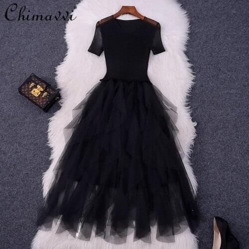 2021 Summer New Womens Clothing Fashion Pleated Mesh Dress Feminine High Waist Slimming Pleated Slim Fit Midi A- Line Dress