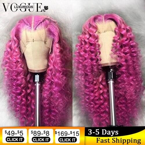 Transparent Lace Frontal Wig Baby Hair Preplucked Deep Curly Lace Front Human Hair Wigs Hot Pink Brazilian Curly Human Hair Wig