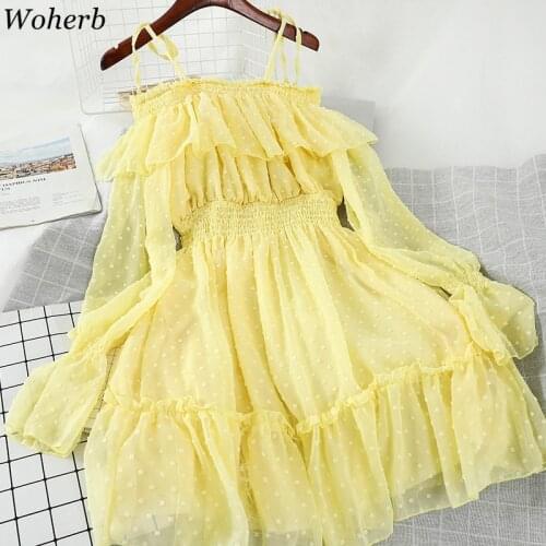 Woherb 020 Korean Sweet Ruffles Off Shoulder Chiffon Dress Long Sleeve High Waist A Line Mini Polka Dot Vestidos Ropa Femme25695