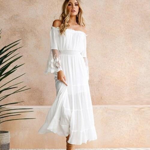 SWEETKAMASummer Sundress Long Women White Beach Dress Strapless Flare Sleeve Loose Sexy Off Shoulder Lace Boho Maxi Dresses