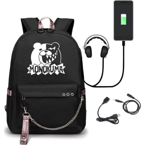 Anime Danganronpa Bear USB Port Backpack School Bags Travel Book Boys Girls Bags Laptop Headphone USB Port