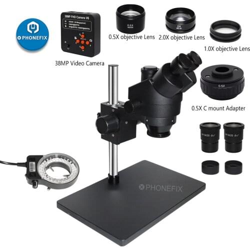 3.5X-90X Super Widefield Trinocular Stereo Microscope 360 Degree Rotable Pillar Stand For PCB Soldering Repair 38MP Video Camera