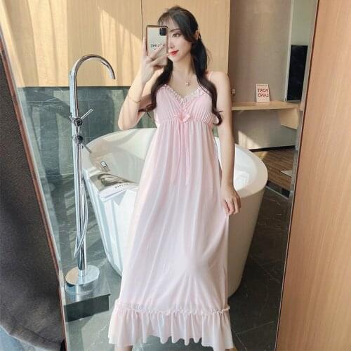 Ladies Sweet Ruffles Spaghetti Strap Nightdress Sexy V-Neck Long Mesh Nightgown With Bra Intimate Sleepwear Modal Home Dress