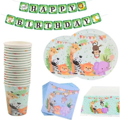 Safari Party Cartoon Animal Disposable Tableware Paper Cup Plate Tablecloth Kids Birthday Party Decoration Jungle Party Supplies