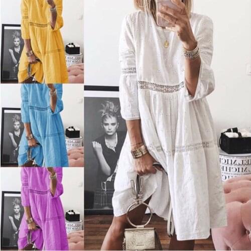 5XL 2021 New Women Elegant Embroidered Lace Dress White Female Splicing Dress Floral Hollow Out Loose Casual Party Vestidos BG74