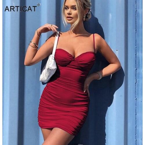 Articat Spaghetti Strap Ruched Dress For Women 2021 Spring New Sleeveless Bodycon Dresses Partywear Solid Backless Slim Vestidos