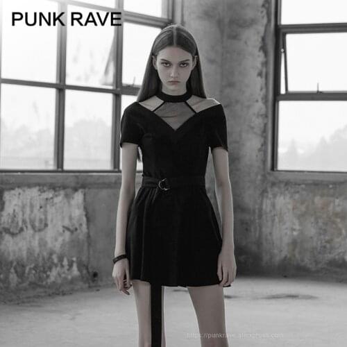 PUNK RAVE Womens Fake Two Pieces Gothic Daily Black Dress Punk Mesh Hollow Out Dress Evening Party Sexy Women Mini Dress