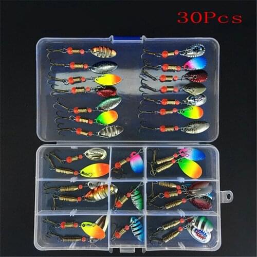 30 Pcs or 10 Pcs Boxed Rotating Spoon Lure Fishing Lures Metal Fish Hooks Bass Trout Perch Pike Rotating Treble Hook Sequins