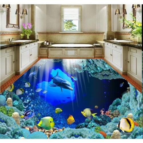 3D Floor Modern Custom 3D Floor Mural Underwater World Dolphin Floor Tiles Mural-3d PVC Wallpaper Self-adhesive Floor