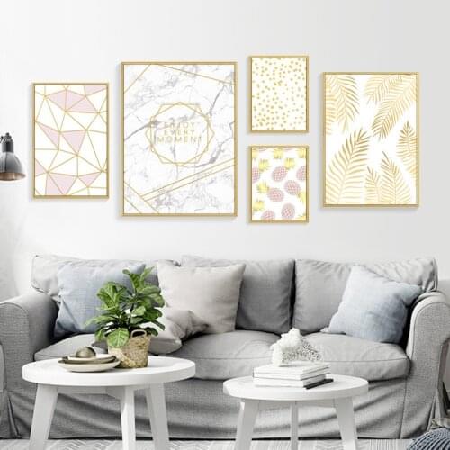 Abstract Creative Marble Texture Yellow Plant Leaves Pineapple Canvas Modern Painting Wall Picture Poster Living Room Decoration