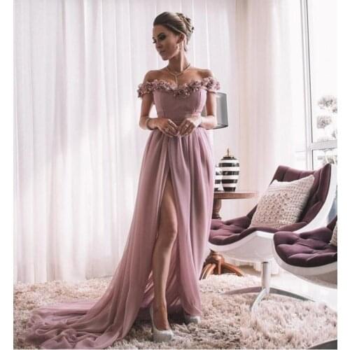 Bean Pink Off The Shoulder Evening Dresses 3D Flowers Robe De Soiree 2020 Side Split Chiffon Formal Prom Gowns Pageant Dress
