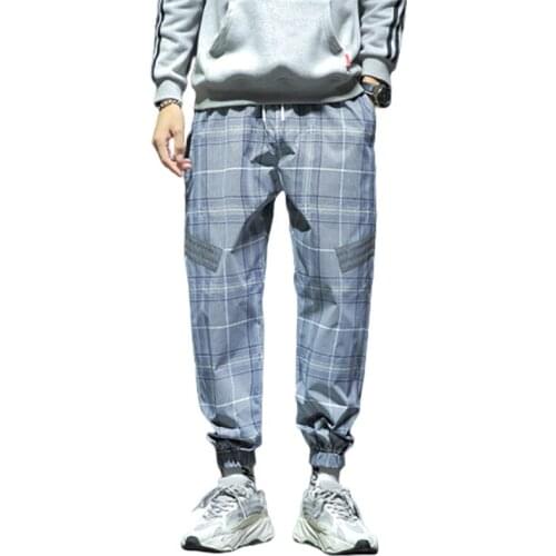 Streetwear Grey Plaid Pants Mens 2021 Autumn Korean Large Size Man Loose Casual Straight Harem Pants Fashion Hip Hop Trousers