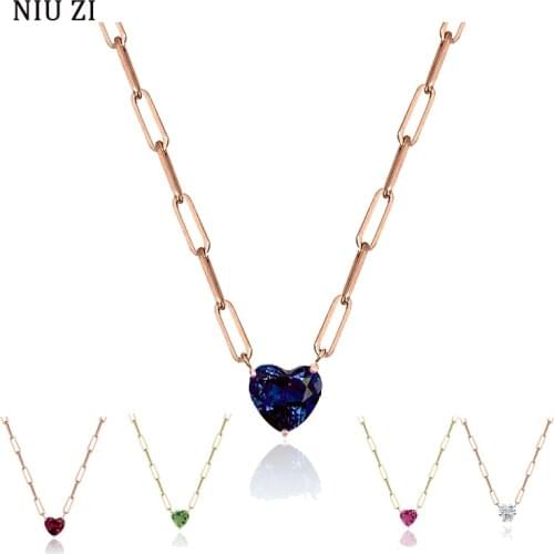 Womens Retro Necklaces Blue Red White Heart Shape Crystal Pendants Necklace Rose color Paperclip Chains Necklace girl Fine Gift