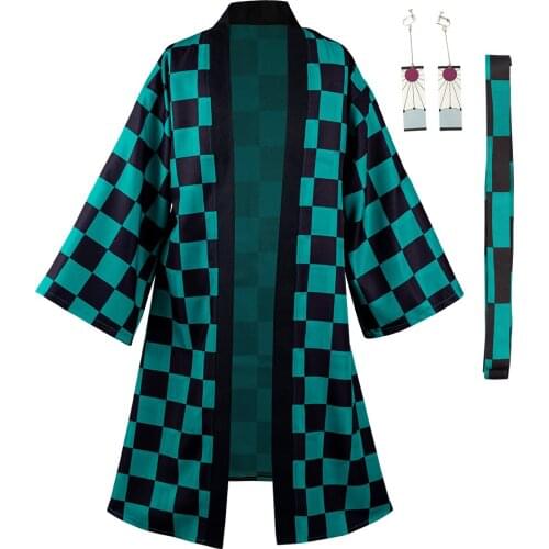 Demon Slayer Kamado Tanjirou Cosplay Costumes Suit With Earrings Belt Halloween Carnival Coat Kimono