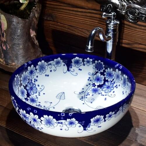 Jingdezhen factory directly art hand painted blue and white bathroom sinks ceramic wash basin