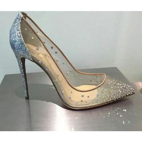 Moraima Snc Mesh Grid Crystal Embellished High Heel Shoes Sexy Pointed Toe Party Wedding Shoes Woman Rhinestones Dress Heels