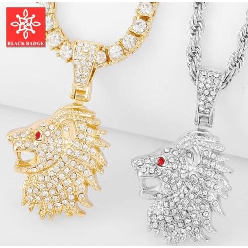 Iced out Large Lion Head Necklaces Pendants For Men Full Rhinestone Hip Hop Cuban Chain Crystal Red Eye Lion Pendant