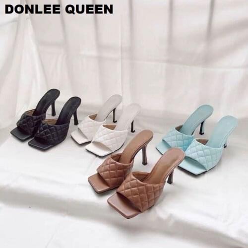 Fashion High Heels Square Toe Slippers Women Solid Thin Heel 9cm Sandals Brand Shoes Women Embroider Slides Outdoor Flip Flops