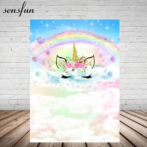 Sensfun Rainbow Unicorn Party Backdrop For Photo Studio Watercolor Clouds Shiny Sky Blue Baby Shower Birthday Party Background