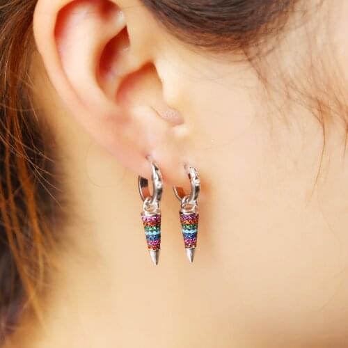 New cute awl loop earring fashion design geometric cone tiny spikes rainbow mini CZ paved punk earrings elegance spike jewelry