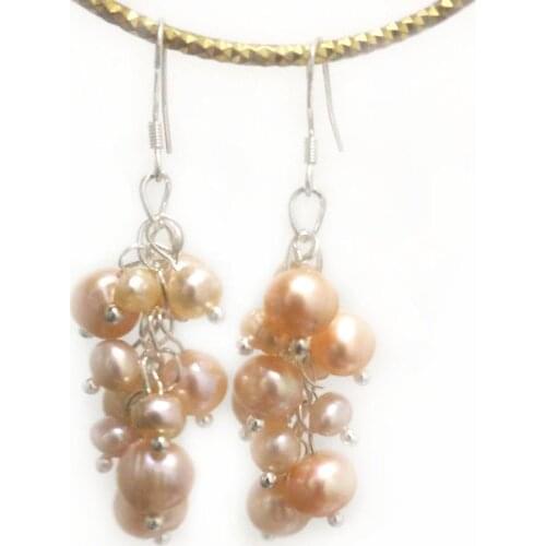 3 inches Grape Style 6-7mm Natural Pink Fresh Water Oval Pearl 925 Sterling Silver Earring