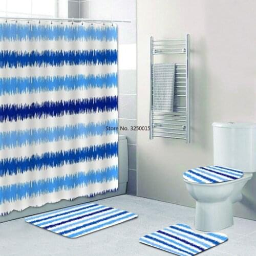 Stylish Uzbek Ikat Fabric Bathroom Shower Curtain with Rug Set Blue White Geometric Chevron Diamond Waterproof Curtain 180x180