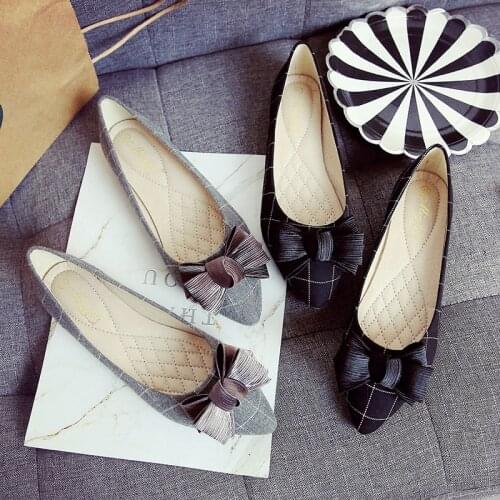 Bow-knot pointy toe single shoes woman shallow slip on OL work flats grid flock comfy brief loafers ladies casual moccasins 2020