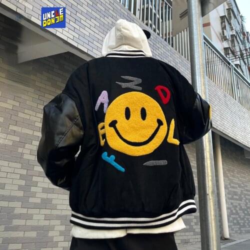UNCLEDONJM Smile embroidered stitched bomber jacket korean clothes mens clothing japanese streetwear men coat men SUR-96001
