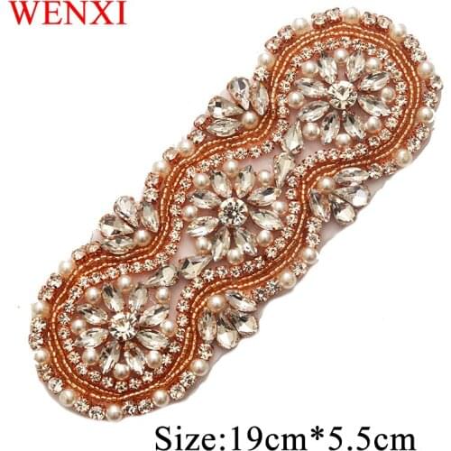WENXI 2PCS Handmade Rhinestones Appliques Sewing On For Bridal Gown Dresses Belt Rhinestones Appliques Accessory