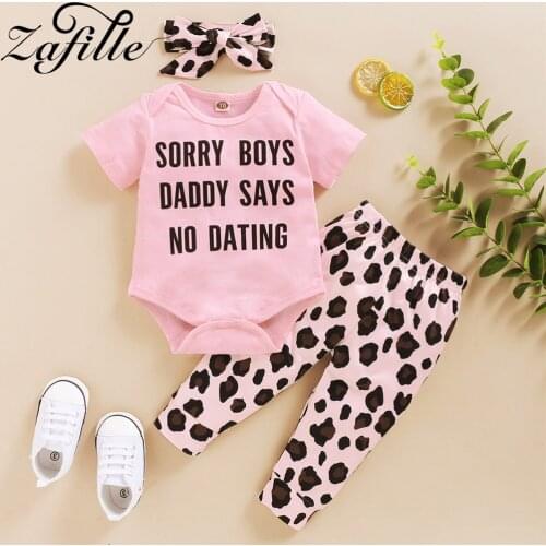 ZAFILLE Baby Girl Clothes Sets Summer Pink Bodysuit Romper +Leopard Pants+Headband Outfits 3pcs Newborn Clothes Twins Outfits