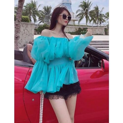 WTIANYUW New 2021 Spring Summer Sexy Slash Neck Chiffon Blouses Womens Elegant Ladies Fashion Puff Sleeve Casual Sweet Top